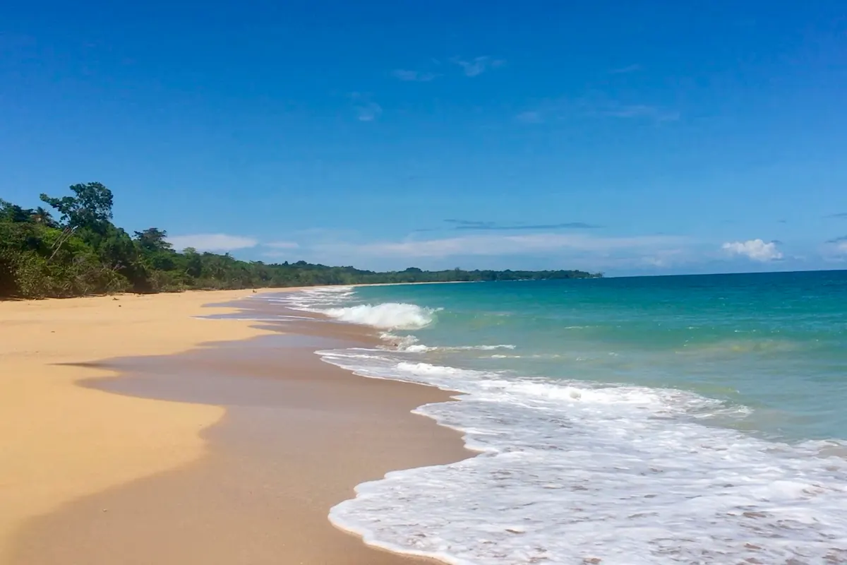Goldener Sandstrand mit Brandung am Bluff Beach, Bocas del Toro