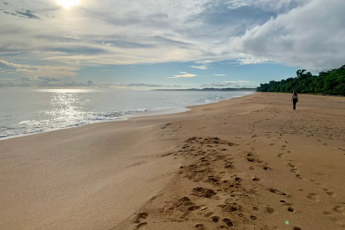 Einsamer Strandspaziergang mit Fußspuren am Bluff Beach, Bocas del Toro