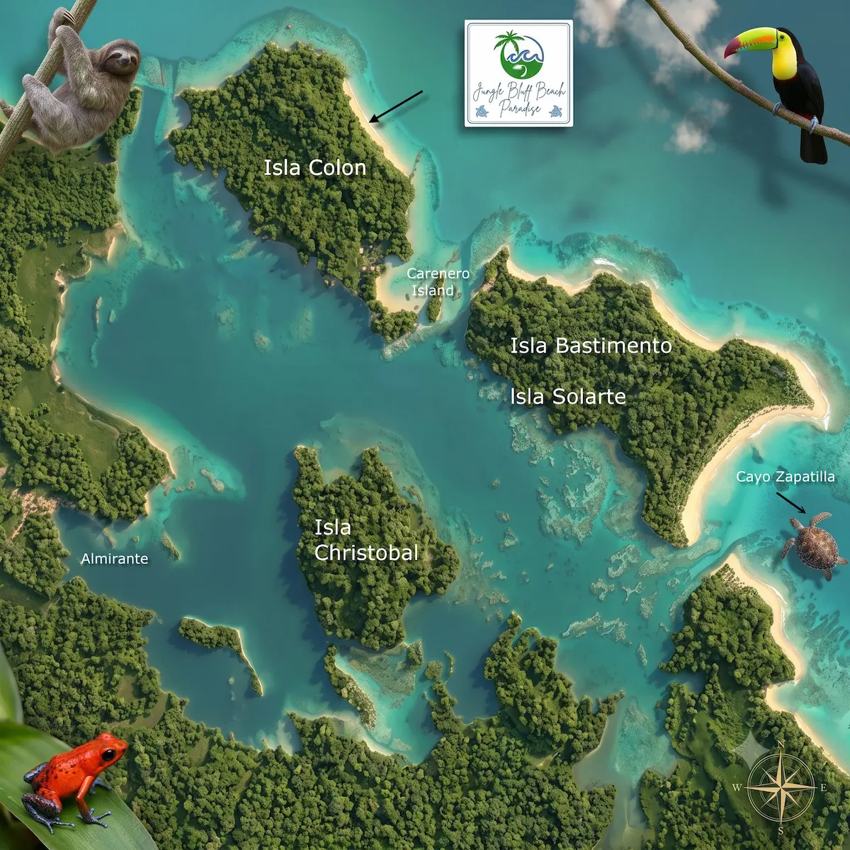 Stilisierte, KI-generierte Übersichtskarte des Archipels von Bocas del Toro