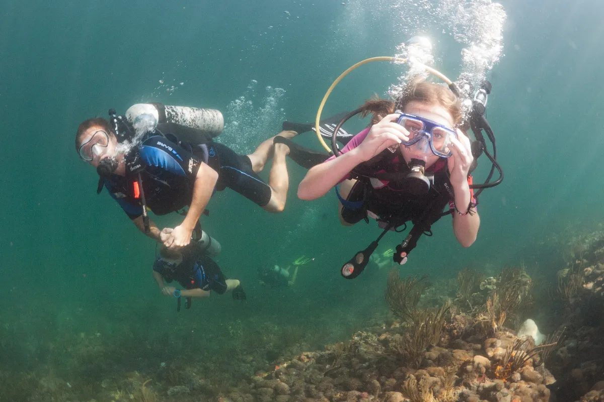 Drei Taucher über dem Korallenriff, Bocas del Toro